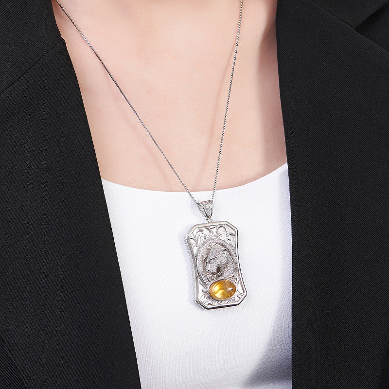 925 Sterling Silver Leopard Head Citrine Square Pendant Necklace - Vintage Design