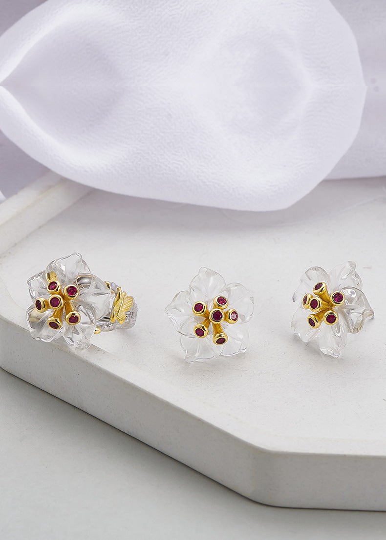 Floral White Quartz & Ruby Ring - 925 Sterling Silver Adjustable Band with Gemstone Accents