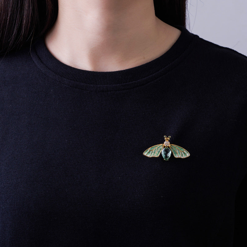 925 Sterling Silver Green Crystal Dragonfly Brooch Pin