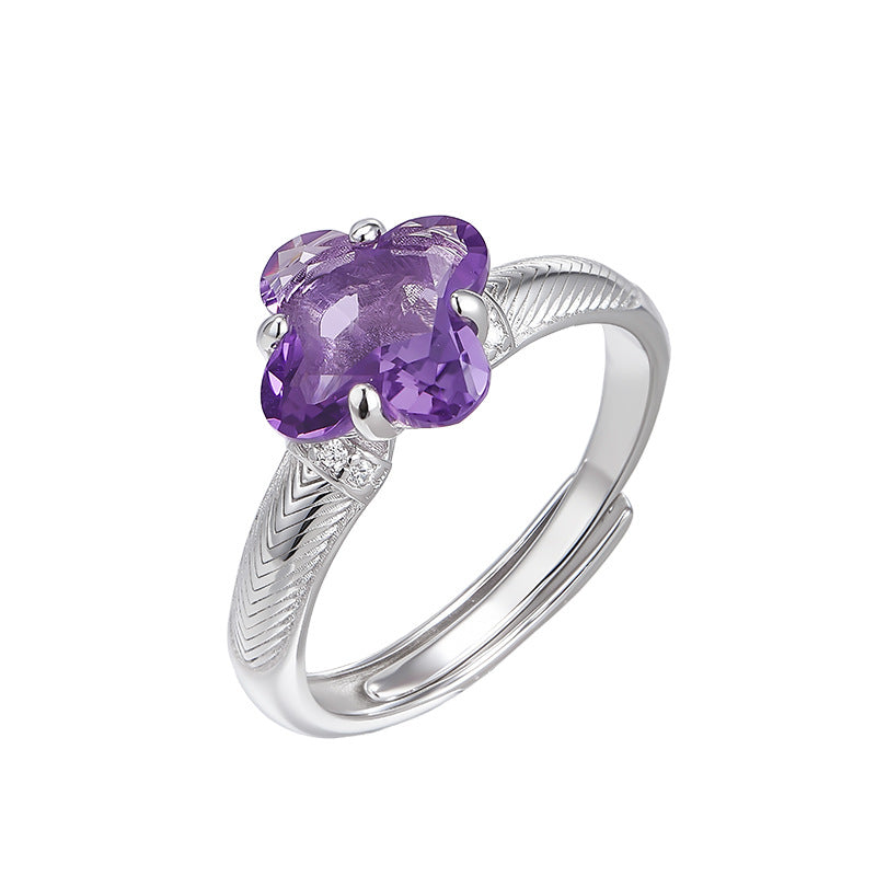 S925 silver natural amethyst ring, high-end exquisite and versatile open index finger ring women's jewelry gift