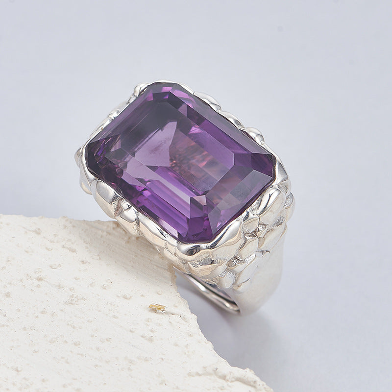 Bold Amethyst Statement Ring | 925 Sterling Silver | Textured Square Cocktail Ring