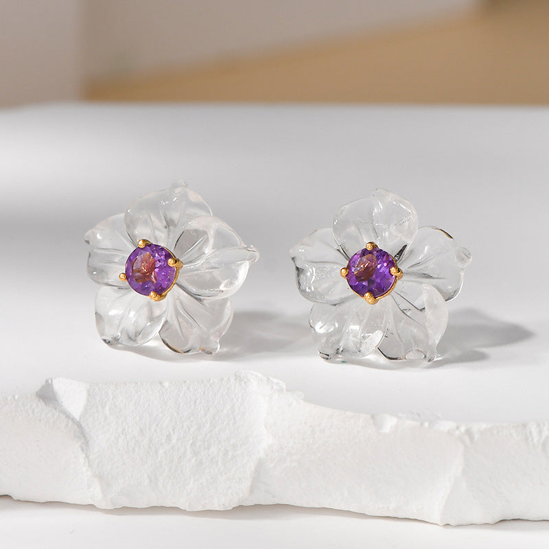 3D Flower Crystal Stud Earrings - 925 Silver Inlaid - Simple Temperament Fresh Design