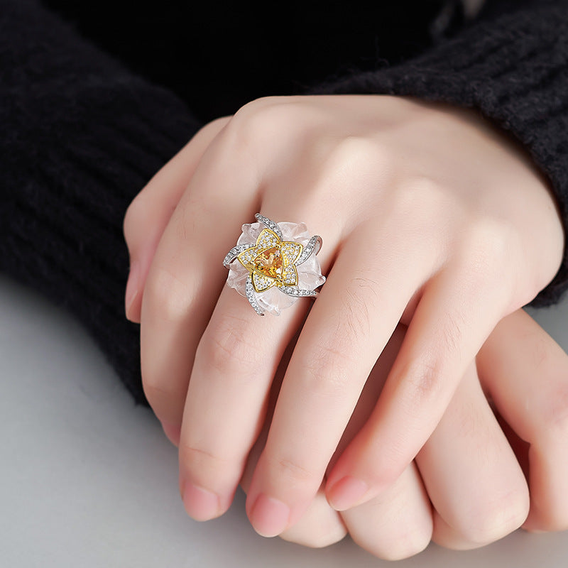 925 Sterling Silver White Crystal & Citrine Flower Ring