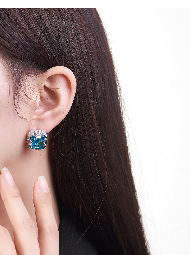 925 Sterling Silver French Vintage Aquamarine Square Stud Earrings