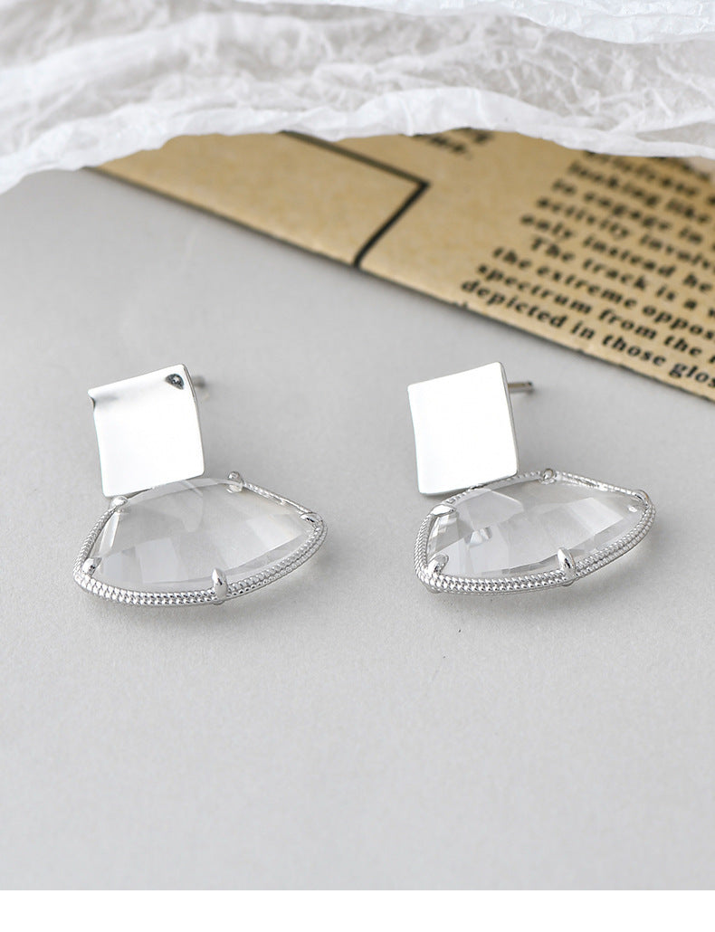 Fan-Shaped White Quartz Stud Earrings - 925 Sterling Silver Bezel Set Minimalist Design