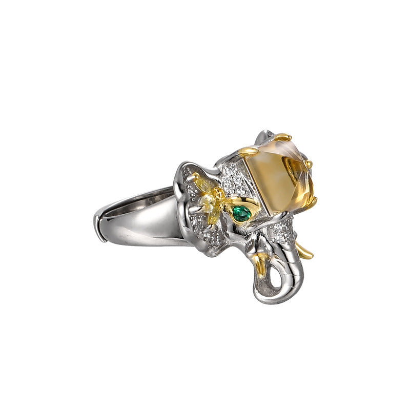 Elephant Citrine Ring - 925 Sterling Silver Adjustable Band with Micro-Pavé Detail