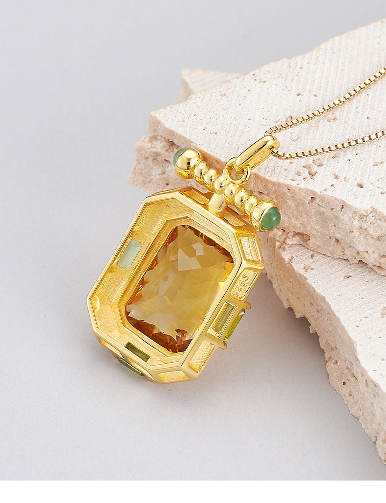 925 Sterling Silver Gold Plated Square Citrine Pendant Necklace