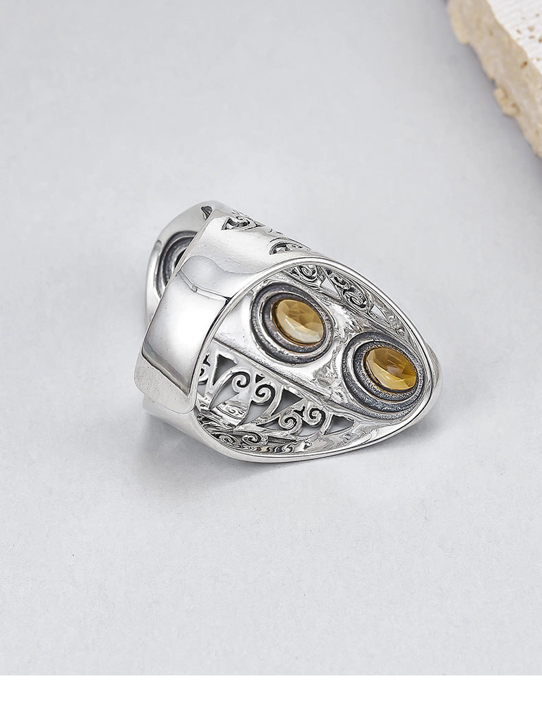 925 Sterling Silver Hollow Citrine & Peridot Adjustable Ring - Vintage Court Style