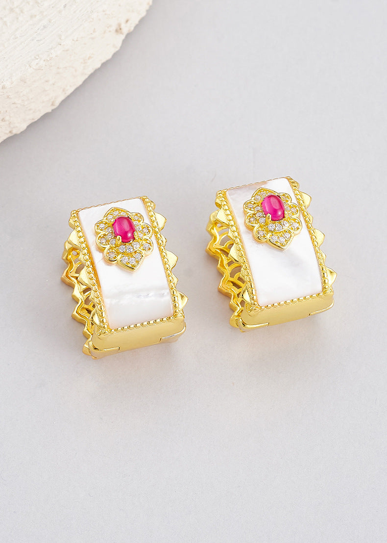 Retro light luxury red corundum ear buckle s925 silver hollow white shell wide-faced earrings temperament exquisite medieval earrings women