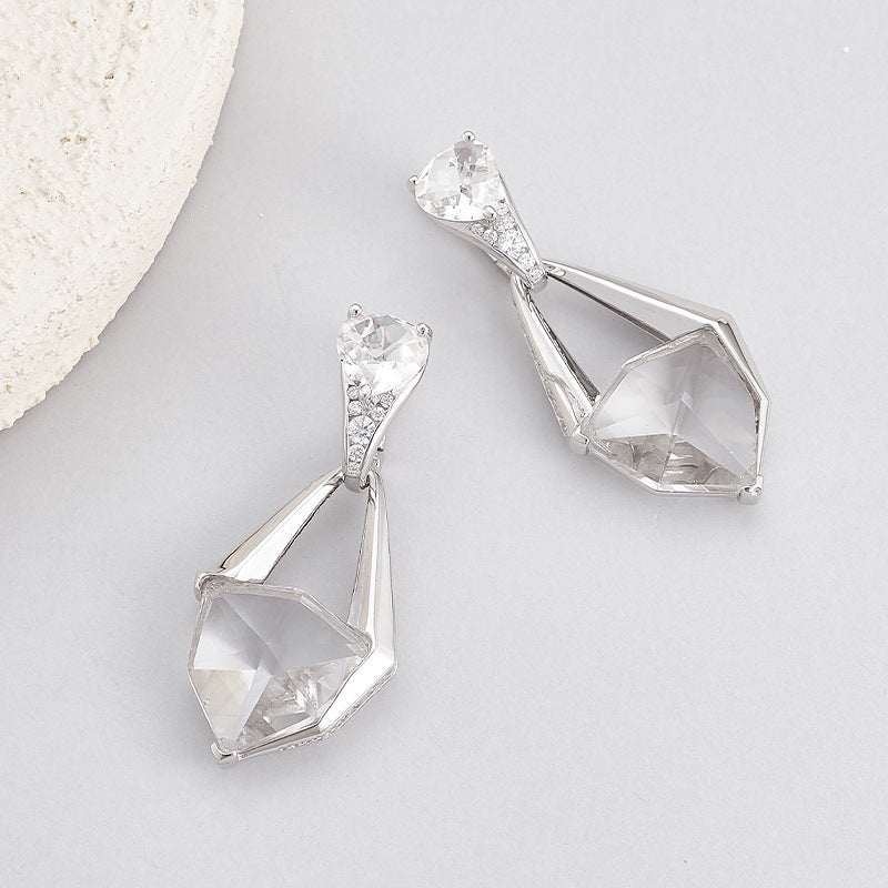 925 Sterling Silver Faceted White Crystal Geometric Dangle Earrings