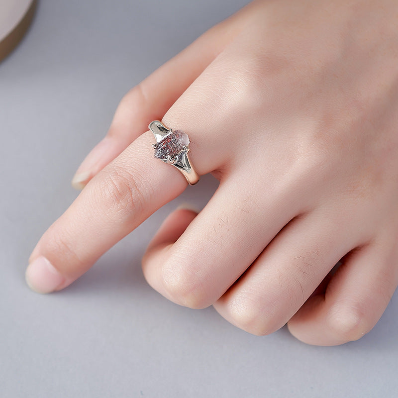 Irregular Super Seven Crystal Ring - 925 Silver Rough Stone - Adjustable Niche Design