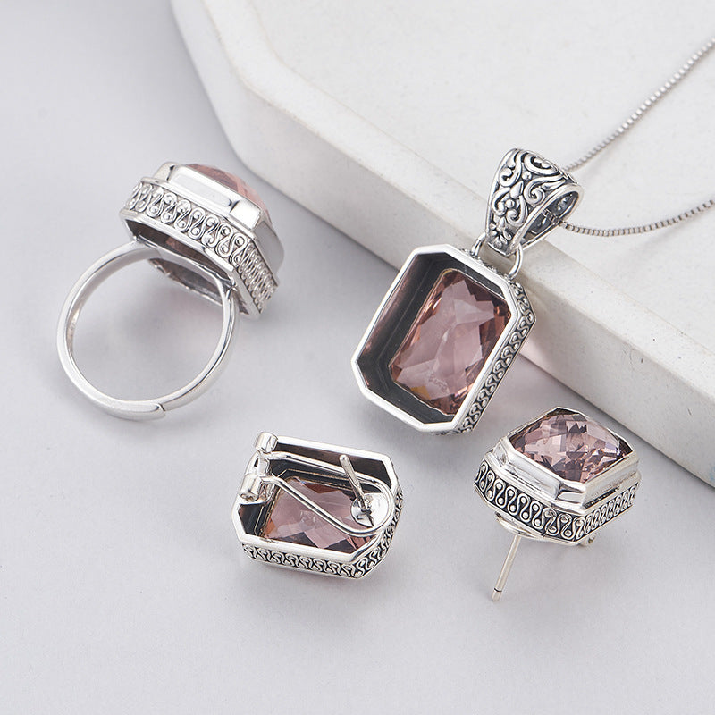 S925 Sterling Silver Morganite Square earrings rings Pendant Necklace Set