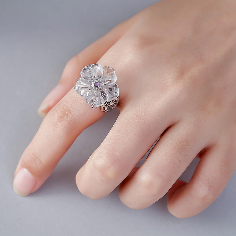 Hollow Lace Crystal Flower Ring - 925 Silver Temperament - Versatile High-End Design