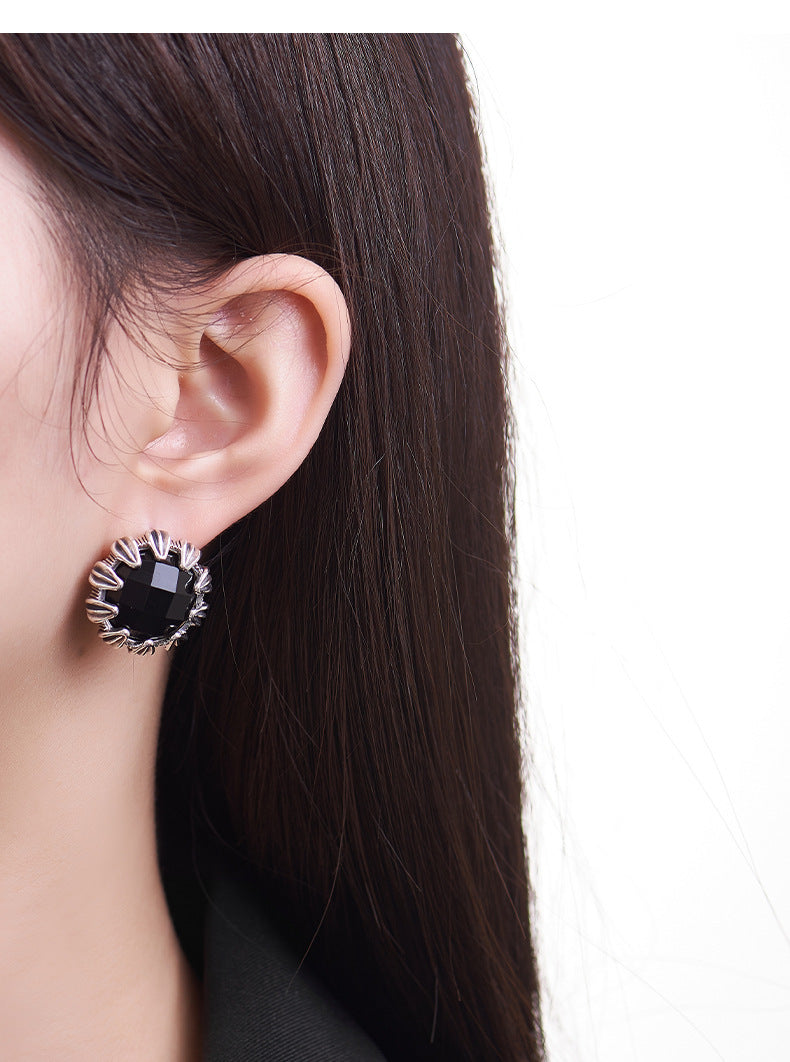 925 Sterling Silver Faceted Black Onyx Round Hoop Earrings