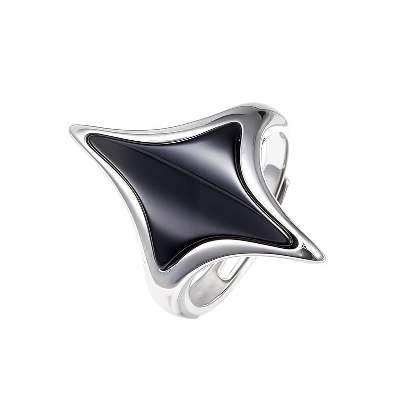 Rhombus Black Agate Ring - 925 Silver Cold Sweet Cool - Geometric Opening Couple Ring