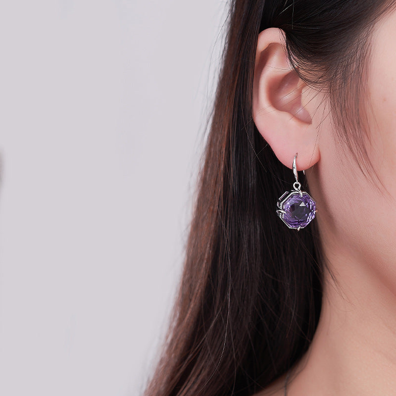Hexagonal Amethyst Earrings - 925 Silver Geometric Ear Hooks - Light Luxury Design