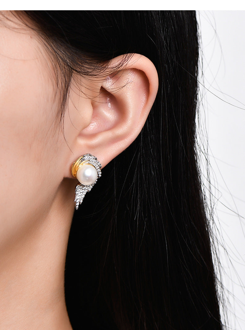 925 Sterling Silver Angel Wing Pearl Stud Earrings - French Vintage Design