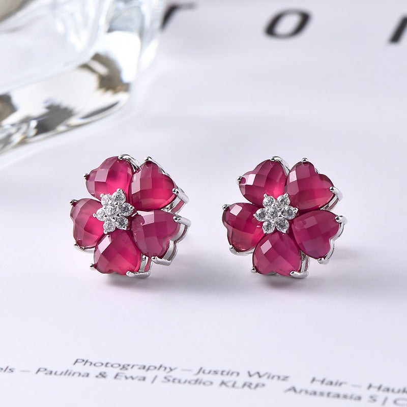 S925 silver heart-shaped redstone stud earrings fashion light luxury simple flower niche gemstone earrings women