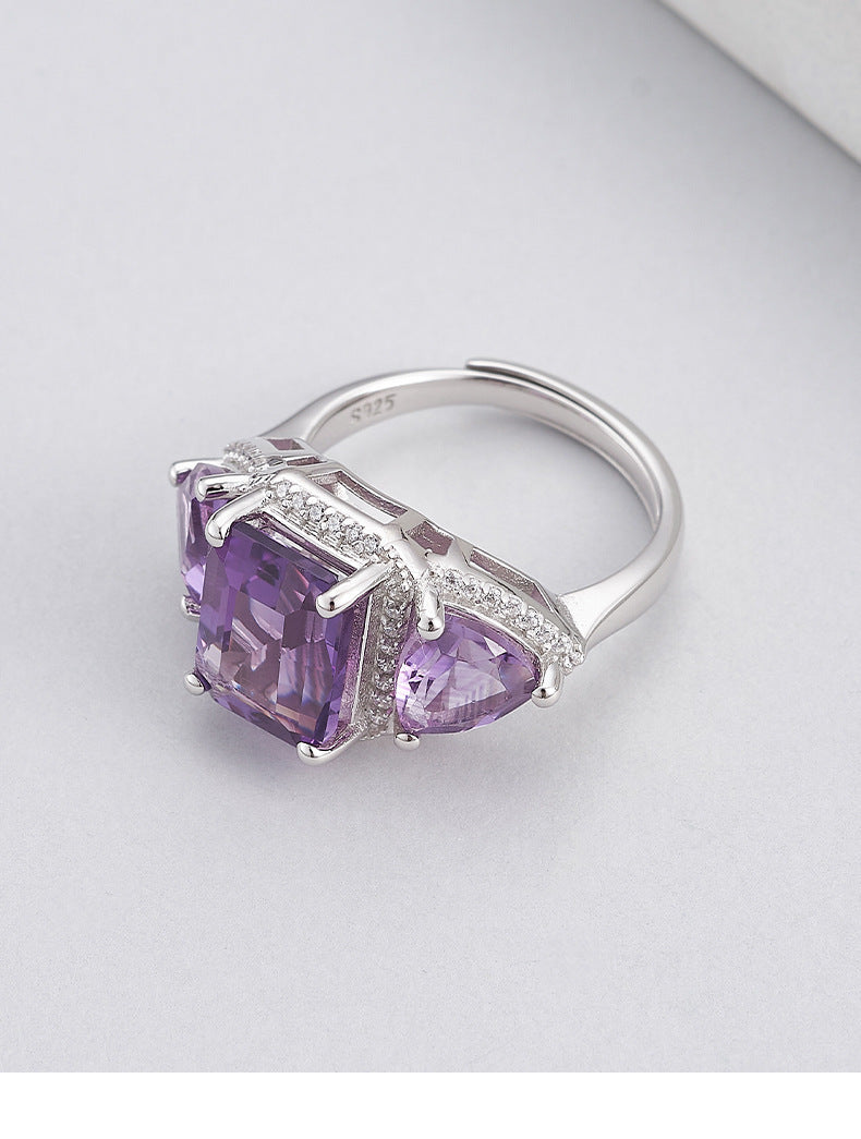 Light luxury niche design geometric ring s925 silver amethyst square fashion temperament versatile open index finger ring