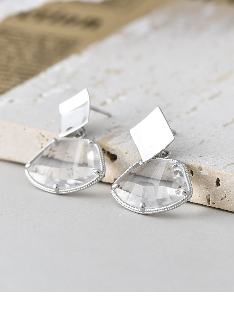 Fan-Shaped White Quartz Stud Earrings - 925 Sterling Silver Bezel Set Minimalist Design