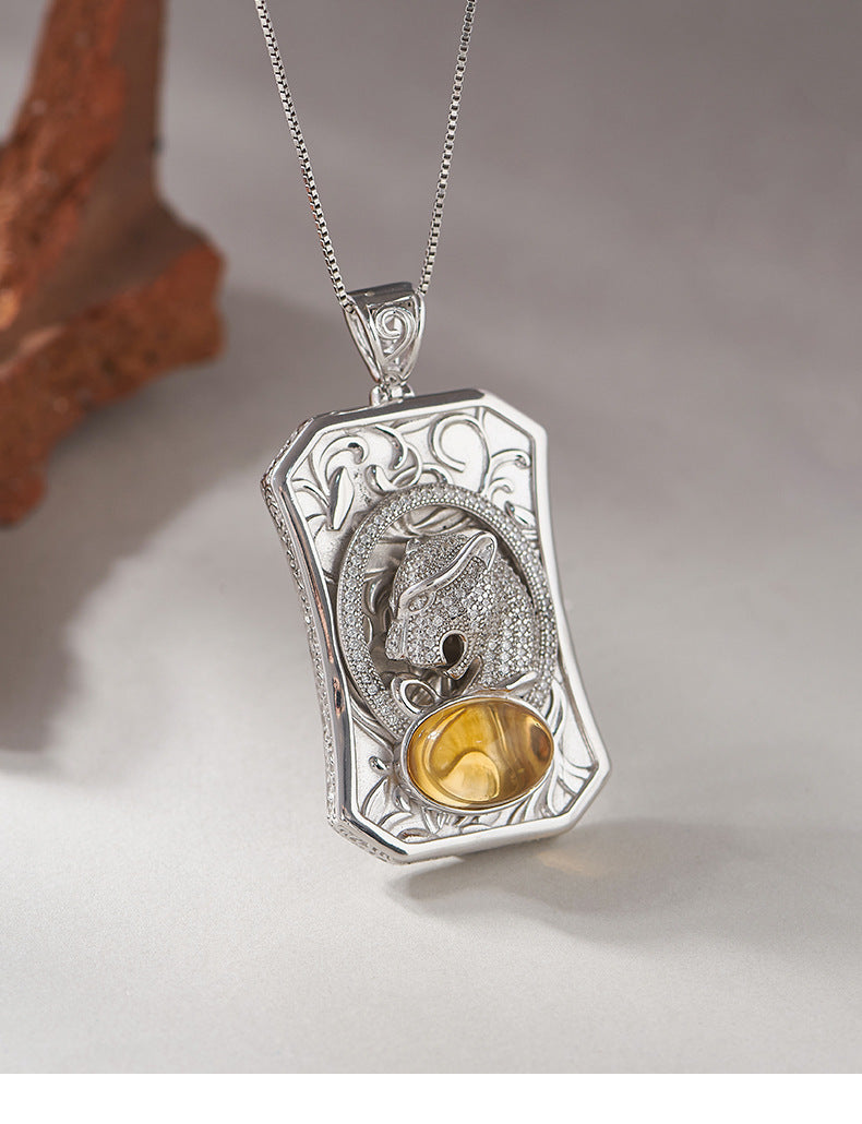 925 Sterling Silver Leopard Head Citrine Square Pendant Necklace - Vintage Design
