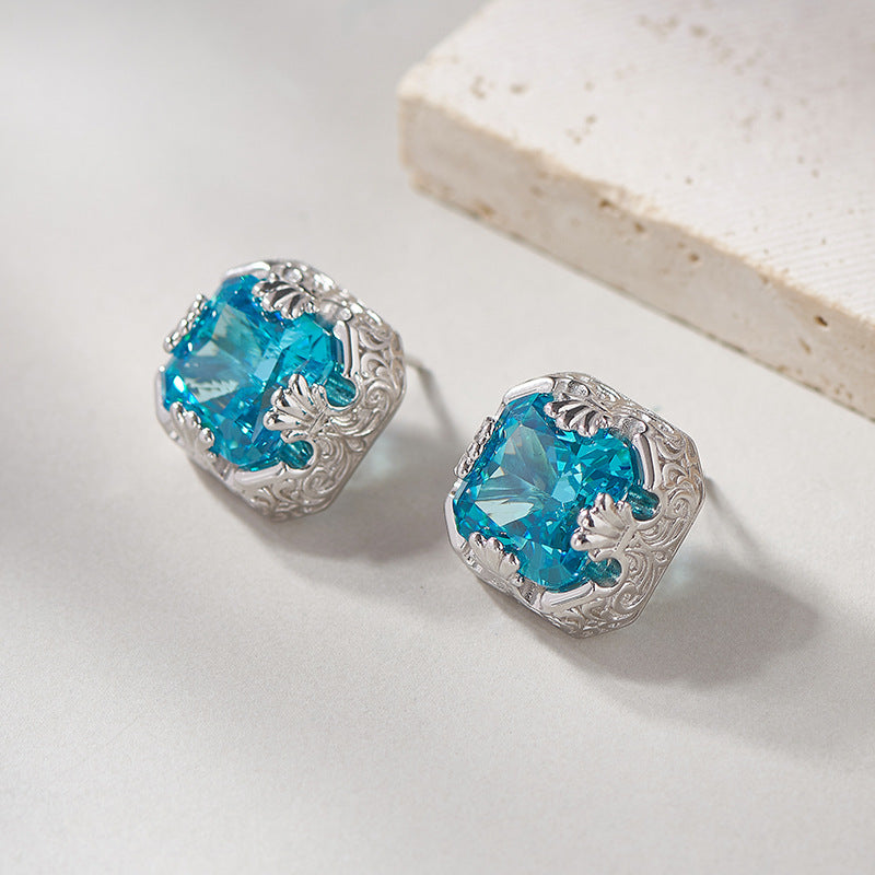 925 Sterling Silver French Vintage Aquamarine Square Stud Earrings