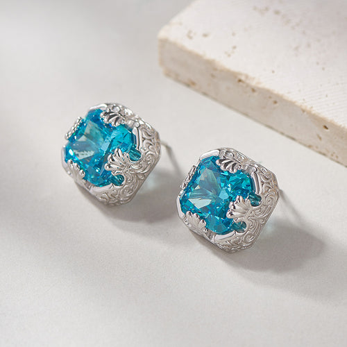 925 Sterling Silver French Vintage Aquamarine Square Stud Earrings