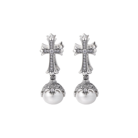 Vintage Inspired Pearl Cross Earrings - Sterling Silver Arabesque Detail - Unisex Clip-On Elegance