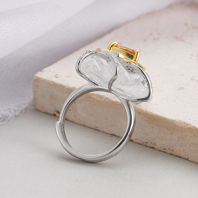 925 Sterling Silver White Crystal & Citrine Flower Ring