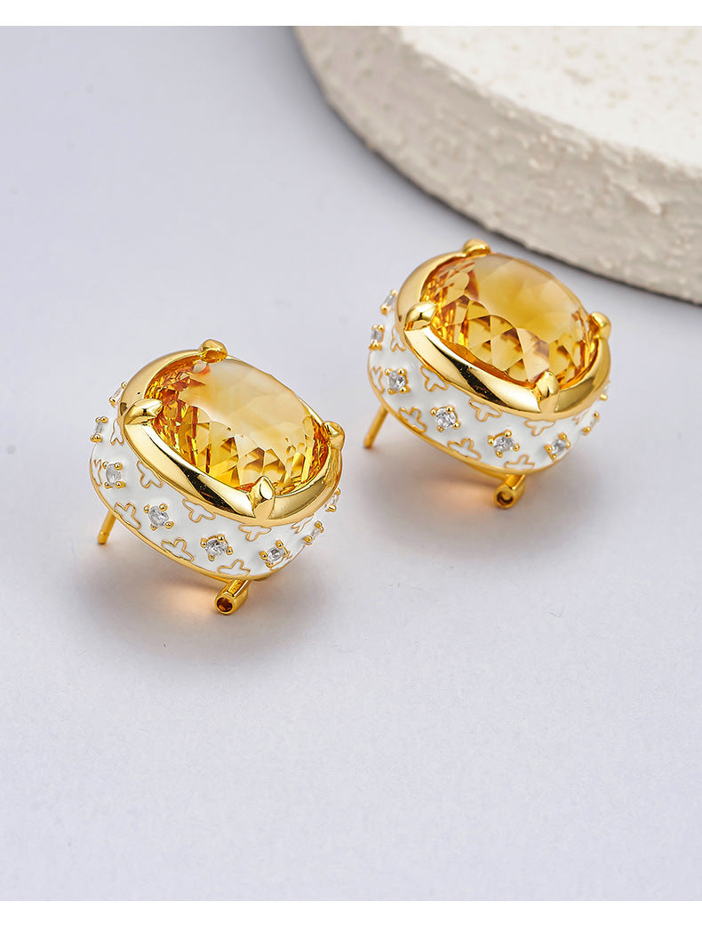 Luxury Enamel Citrine Earrings | 925 Sterling Silver | Medieval Geometric Statement Earrings