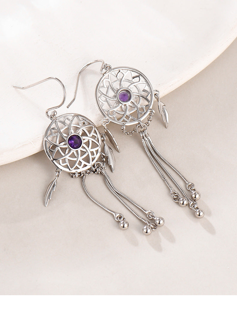 925 Sterling Silver Dreamcatcher Tassel Dangle Earrings - Bohemian Design