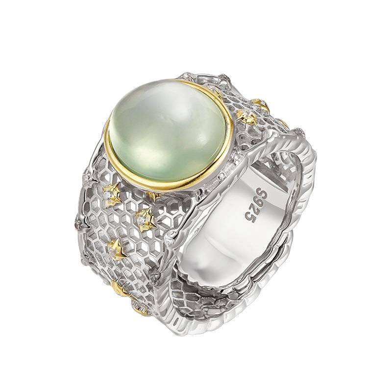 Hollow Lace Grape Stone Ring - 925 Silver Wide Band - Retro Geometric Design