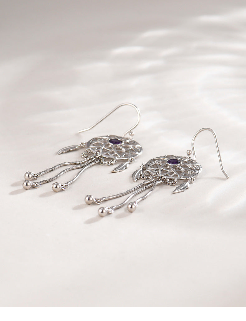 925 Sterling Silver Dreamcatcher Tassel Dangle Earrings - Bohemian Design