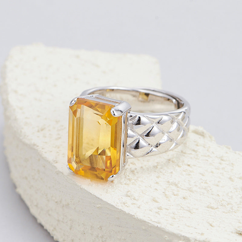 S925 silver natural cut citrine texture square ring cold wind personality temperament ring