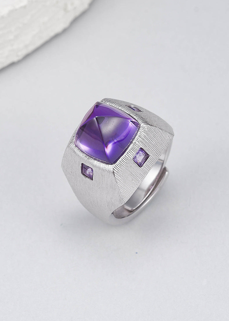 925 Sterling Silver Brushed Amethyst Diamond-Shaped Open Ring