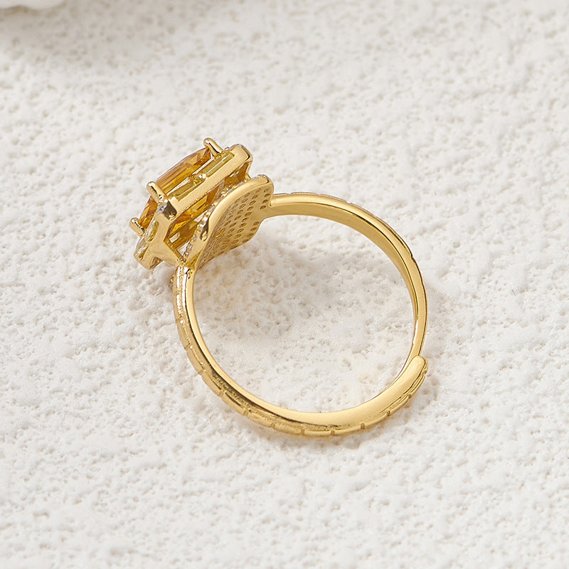 Square Citrine Ring - 925 Silver Super Flash - Niche Design Opening Index Finger Ring