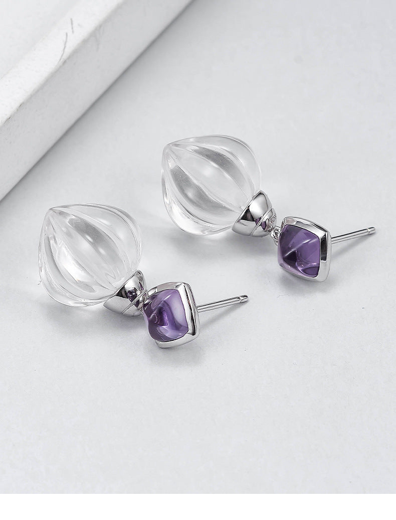 Pumpkin Bead Crystal Stud Earrings - 925 Sterling Silver with White Quartz & Amethyst