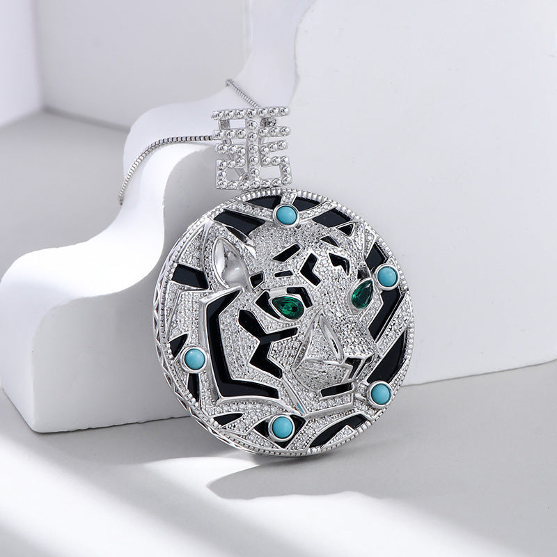 925 Sterling Silver Leopard Black Onyx Pendant Necklace - Statement Design