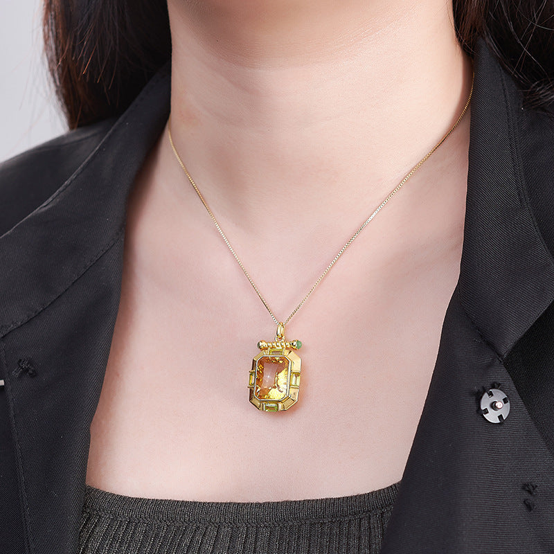 925 Sterling Silver Gold Plated Square Citrine Pendant Necklace