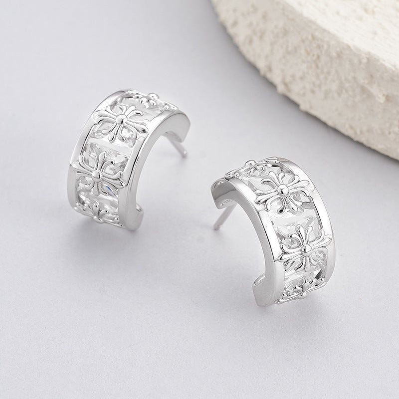 925 Sterling Silver Cross Pattern C-Shape Crystal Stud Earrings