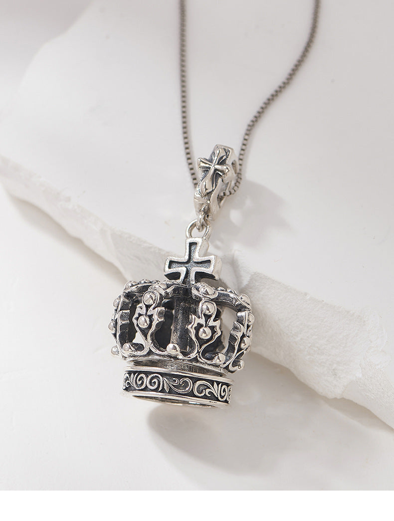S925 Silver Cross Crown Pendant Niche Design Couple Sweater Necklace Men