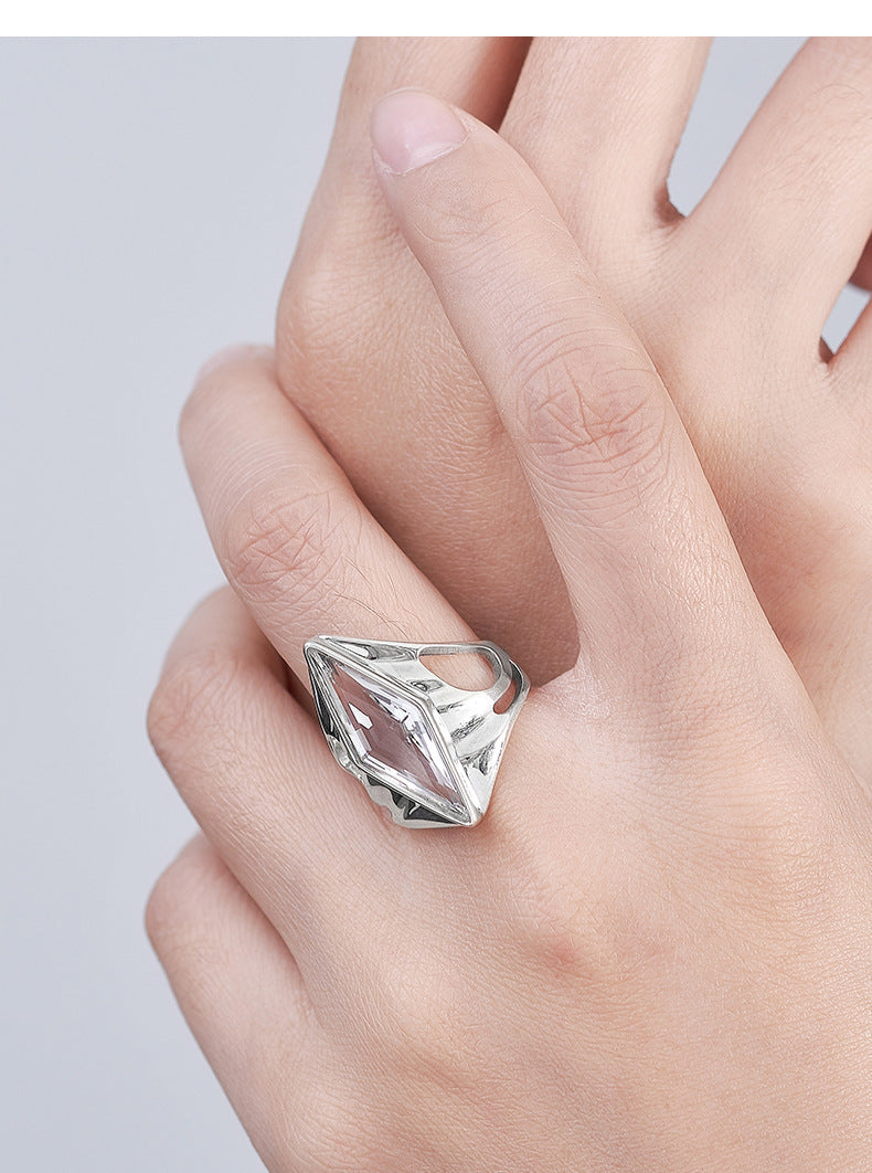 Minimalist Statement Ring - Adjustable Openwork 925 Silver with Quartz - A Modern Unisex Heirloom
