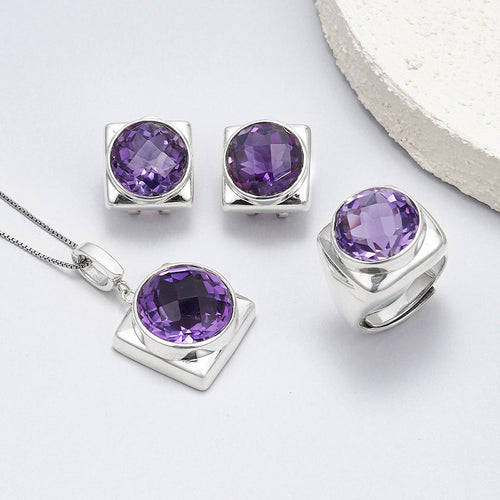 925 Sterling Silver Faceted Amethyst Geometric Hoop Earrings Set