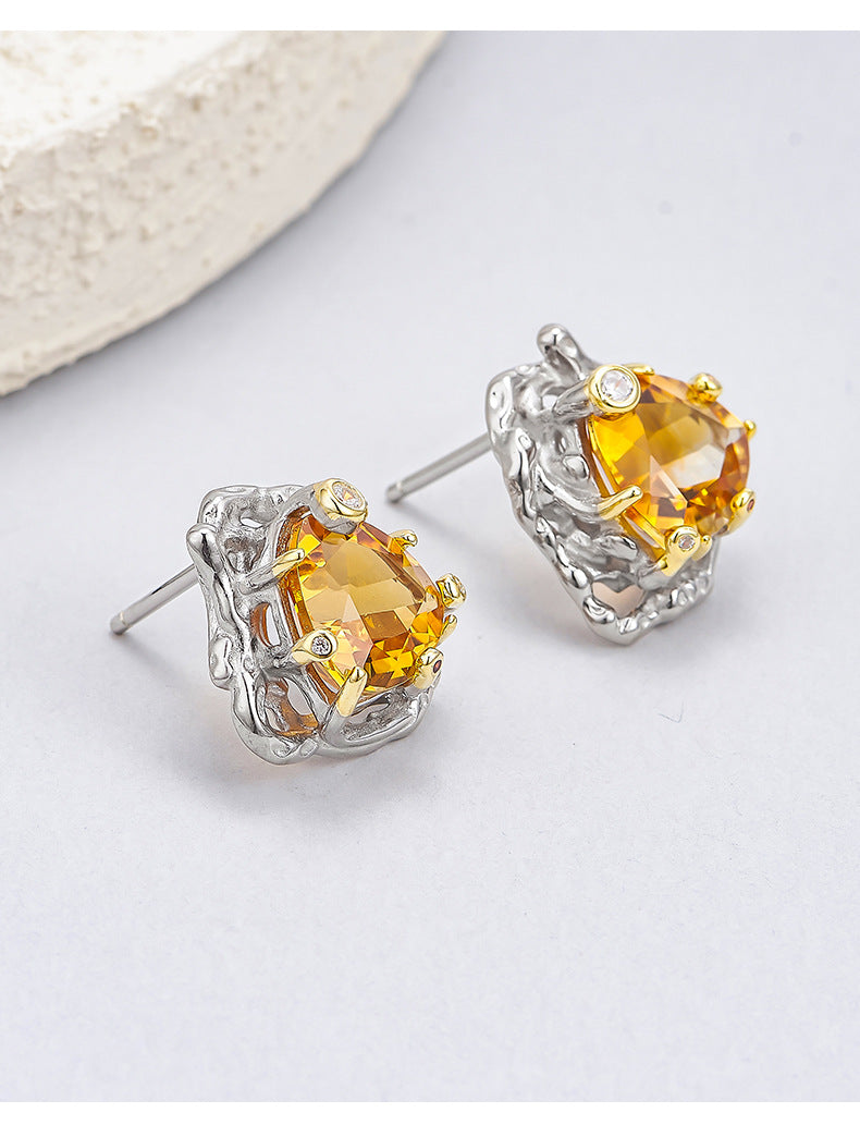 Citrine Triangle Stud Earrings | 925 Sterling Silver | Geometric Earrings