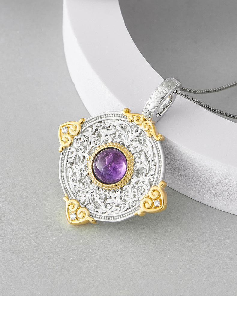 925 Sterling Silver Amethyst Double-Sided Round Pendant Necklace - Chinese Style
