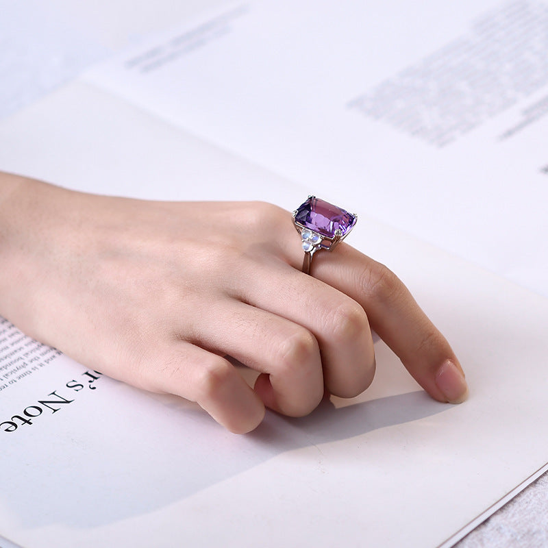 925 Sterling Silver Square Faceted Amethyst Ring - Minimalist Design