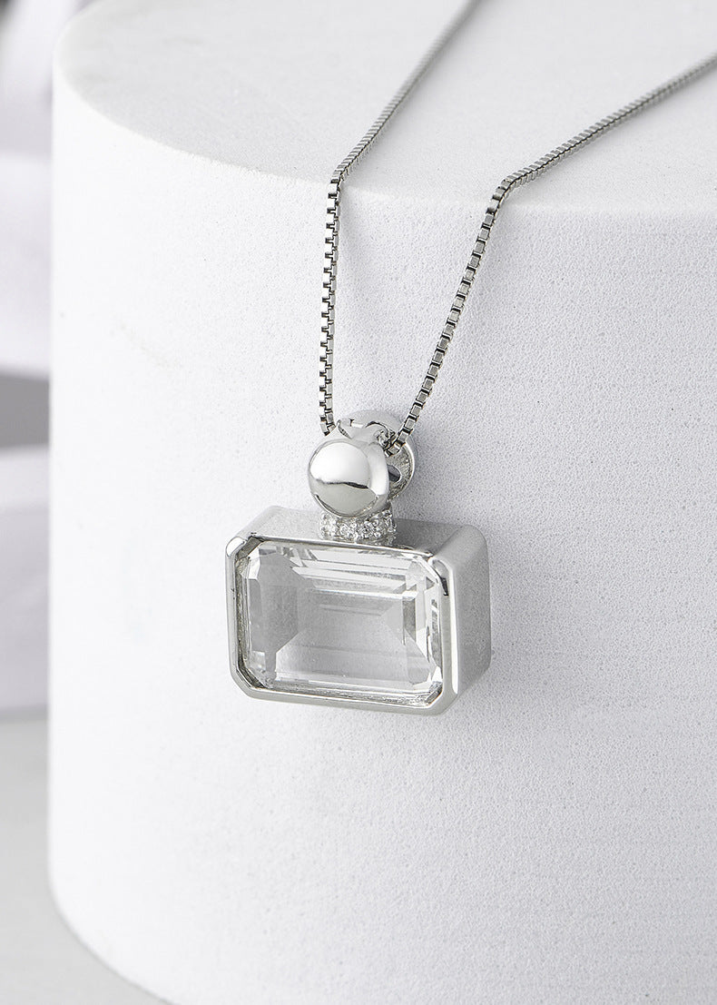 Square Crystal Pendant Necklace - 925 Silver Sugar Cube - Minimalist Perfume Bottle Design