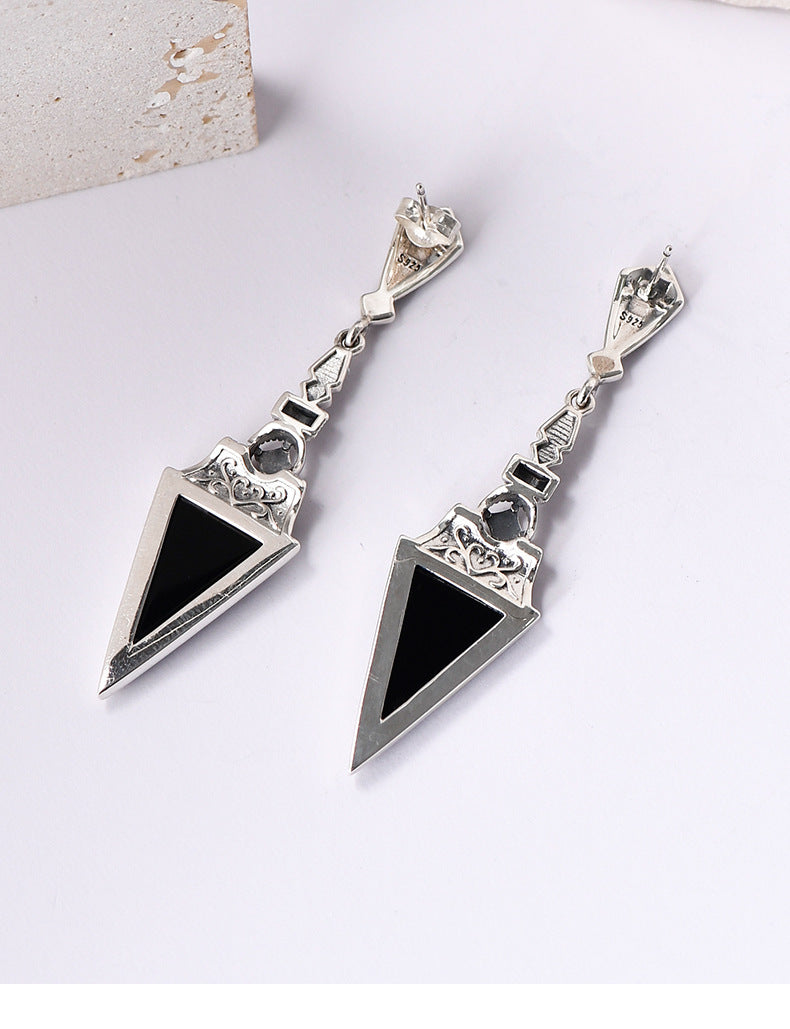 Statement Diamond-Shaped Earrings - 925 Sterling Silver with Black Onyx Triangle Accents