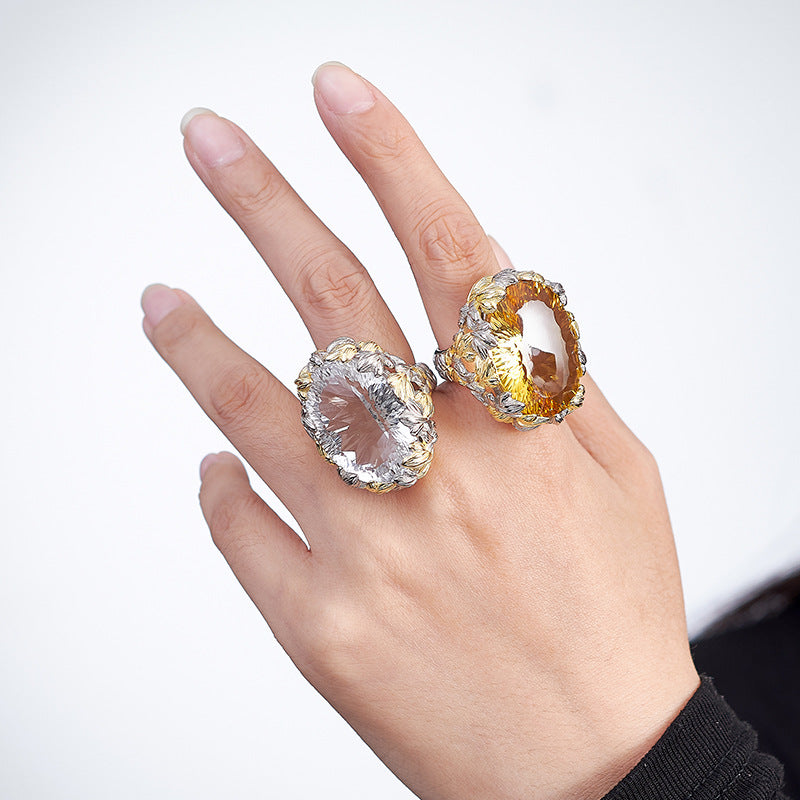 Hollow Leaf Crystal Ring - 925 Silver Exaggerated Design - Statement Citrine Index Finger Ring