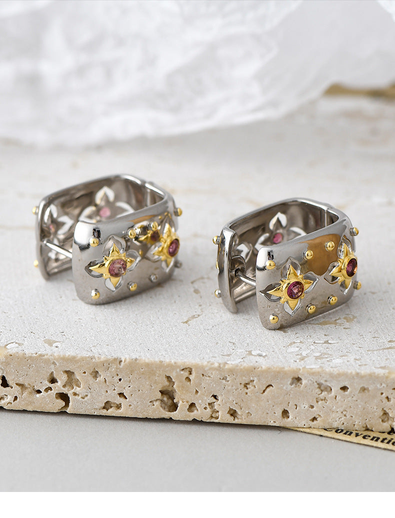 925 Sterling Silver Italian Court Style Square Hollow Earrings - Vintage Design